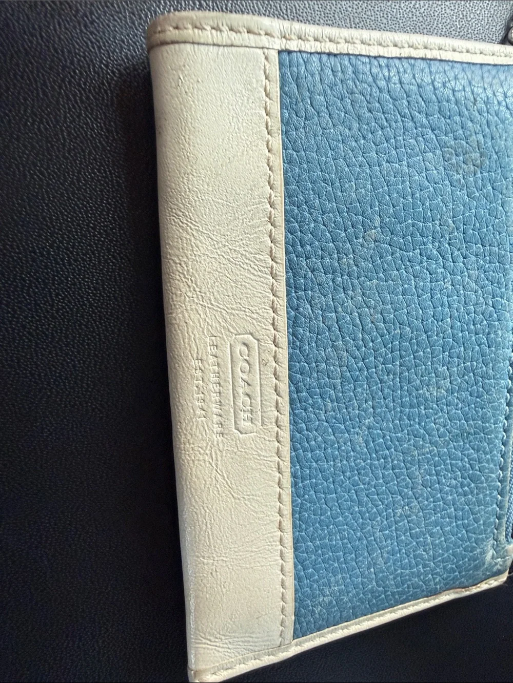 Coach Blue and Cream Leather Key & Card Holder with Key Ring